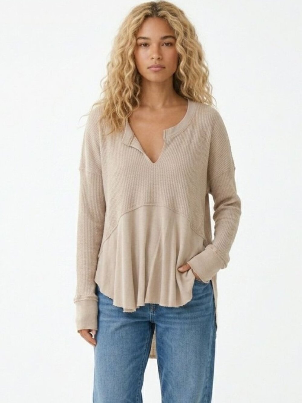Free People Monterey Oversized Thermal Top L Off-White Tea